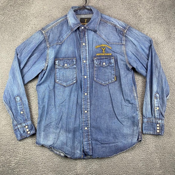 Yellowstone Dutton Ranch Denim Shirt Mens Western Embroidered Long Sleeve - Picture 1 of 8